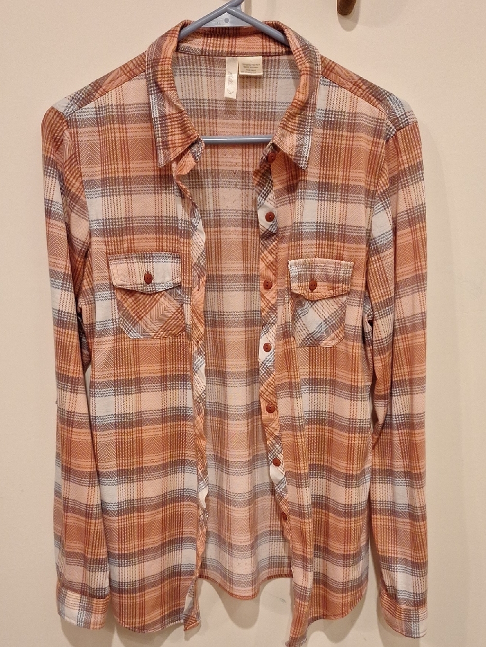 Bella D. Peach Plaid Button Down Flannel